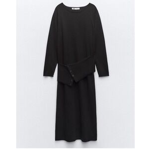 ZARA Black Long Sleeve Midi Dress Asymmetrical Button Detail‎ Knit Size L